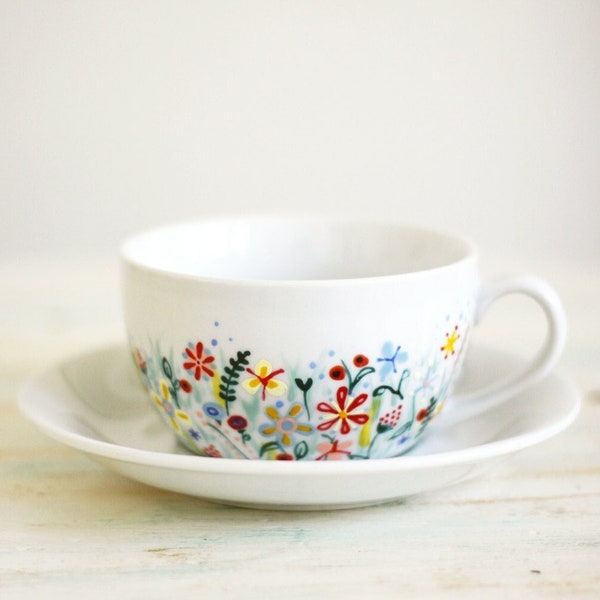 Cup and saucer - Hand painted porcelain ceramic - Not Only Grass - wild flowers
