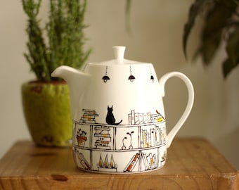 Hand painted teapot -  Book A Holic with a black cat - fine china - 28oz (3-4 teacups)