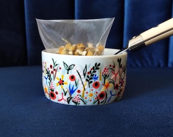 Ceramic Teabag holder - Hand painted porcelain mini pot / dish - Not Only Grass - Wildflowers