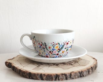 Cup and saucer - Hand painted porcelain ceramic - Not Only Grass - wild flowers