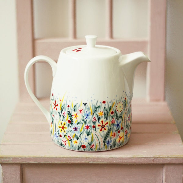 Hand painted teapot - wildflowers in spring meadow - Not Only Grass - fine china - 28oz (3-4 teacups)