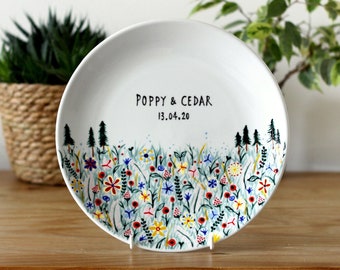 Personalised Decorative Ceramic Plate -  hand painted - Wildflowers