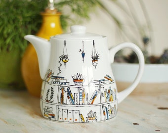 Hand painted teapot  -  Book A Holic with hanging plants -  Porcelain - 28oz (3-4 teacups)