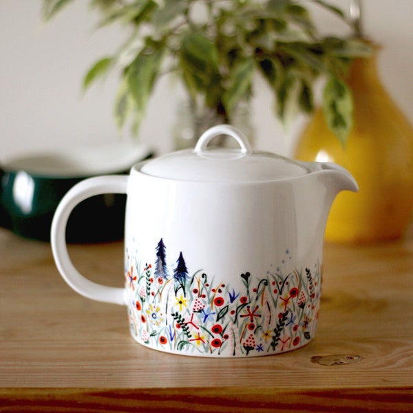 Hand painted teapot - wildflowers in spring meadow with trees - Not Only Grass - porcelain - 28.5oz (3-4 cups)