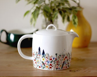 Hand painted teapot - wildflowers in spring meadow with trees - Not Only Grass - porcelain - 28.5oz (3-4 teacups)