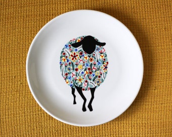 Hand painted decorative ceramic plate -  Wildflower sheep