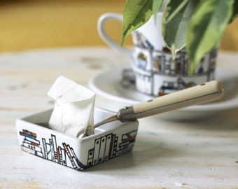 Ceramic Teabag holder - Hand painted porcelain mini square dish - Book A Holic