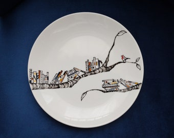 Hand painted decorative ceramic plate - Book - A - Holic  with  robin
