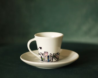 Espresso cup and saucer - Hand painted porcelain ceramic  -  Book - A - Holic