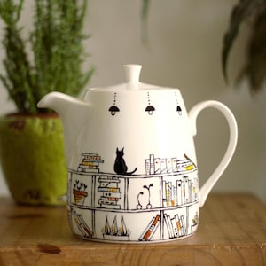 Hand painted teapot -  Book A Holic with a black cat - fine china - 28oz (3-4 cups)