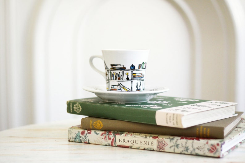 cup and saucer Hand painted porcelain ceramic Book A Holic image 1