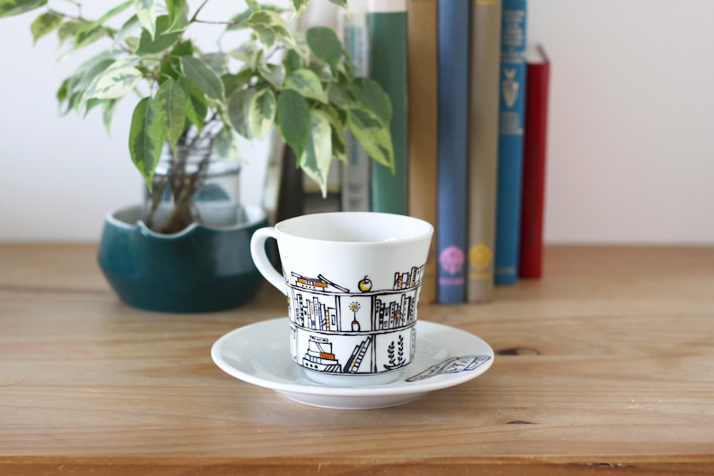 cup and saucer Hand painted porcelain ceramic Book A Holic image 4