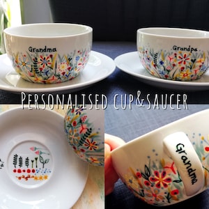 Personalised cup and saucer - Hand painted porcelain - Not Only Grass - wild flowers