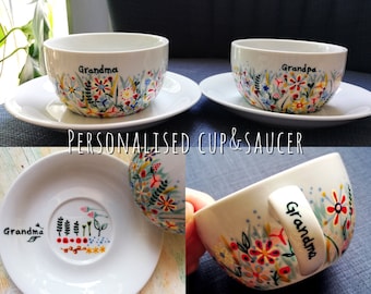 Personalised cup and saucer - Hand painted porcelain - Not Only Grass - wild flowers
