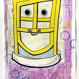May include: A mixed media artwork featuring a yellow window frame with two googly eyes attached. The window is set against a purple watercolor background with blue dots, red outlines of shapes, and the text DEW350 Clearview and 22OCT25.