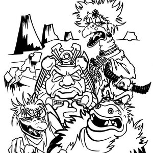 Puede incluir: Dibujo en blanco y negro de cinco personajes de dibujos animados. Los personajes son una criatura grande, peluda, con un hocico largo, una criatura con un pico largo y puntiagudo, una criatura con una cabeza grande y redonda, una criatura con un pico largo y puntiagudo y una criatura con una cabeza grande y redonda. Los personajes se miran todos y parecen estar en un estado de confusión o excitación.