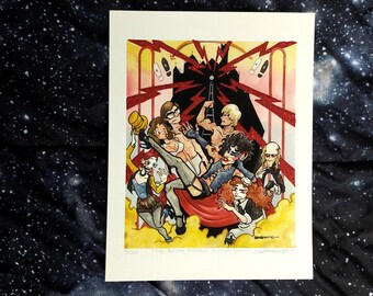 May include: A watercolor illustration of a band performing on stage. The band members are dressed in colorful costumes and are playing instruments. The background is a bright red and yellow color with lightning bolts. The text "The Rock Horror Picture Show" is written at the bottom of the image.