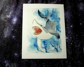 May include: A watercolor art print on white paper featuring a great white shark with an open mouth showing sharp teeth. The shark is depicted in shades of gray against a blue watercolor wash background. The text Great White Shark is printed below.