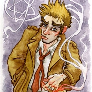 Op de afbeelding: Een aquarel-illustratie van een man met blond haar, die een bruine jas en een rode stropdas draagt. Hij houdt een brandende sigaret in zijn rechterhand. De achtergrond is een paarse en witte werveling.