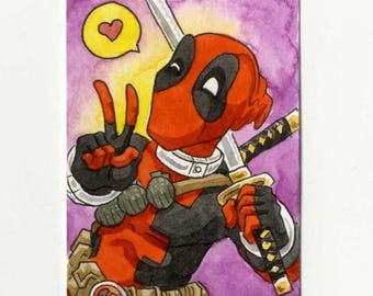 May include: A watercolor illustration of a character with a red mask and black eye patches, making a peace sign with one hand and holding a katana with the other. A yellow speech bubble with a red heart floats above, set against a purple background.