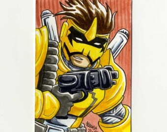 May include: A hand-drawn illustration of a character wearing a yellow armored suit with a black mask and spiky brown hair. The character holds a black firearm in a forward-facing position. The background is a textured red with vertical lines.