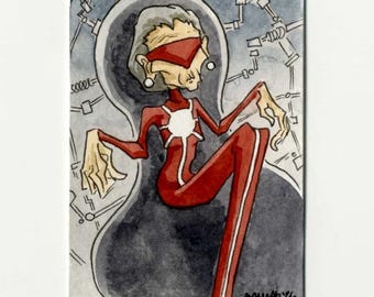 May include: A watercolor illustration featuring a stylized figure in a red bodysuit with a white circular emblem on the chest and a red visor. The figure is seated within a dark, rounded shape against a background of gray mechanical line drawings.