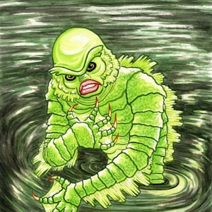 Kreatur Aus der Schwarzen Lagune, Universal Monsters, Original Aquarell Gemälde