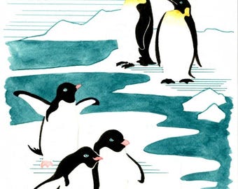 Penguins, Original Watercolor Painting