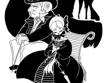 M. Leblanc et Mlle. Lanoire, Les Miserables Original Ink Drawing