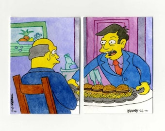 May include: A two-part watercolor illustration depicting a scene from The Simpsons. The left panel shows a character seated at a table, while the right panel shows a character presenting a platter of four hamburgers and french fries.