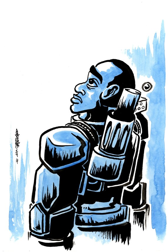 War Machine Marvel Comics Small Ink Watercolor Original Drawing