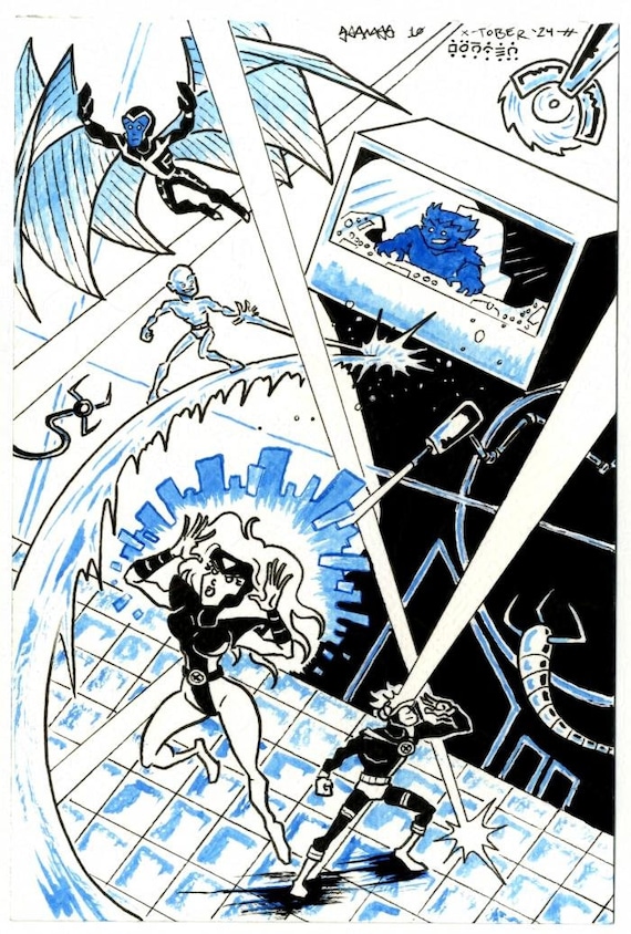 X-men, Danger Room, Marvel Comics, Small Ink & Watercolor Original