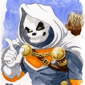 Könnte beinhalten: Ein Aquarellbild einer skelettartigen Figur, die eine weiße Kapuzenrobe, eine orange-blaue Tunika und eine goldene Kette trägt. Die Figur hat ein Schädelgesicht mit schwarzen Augen und goldenen Pupillen. Die Figur hält einen Finger in die Luft, als wolle sie etwas hervorheben.