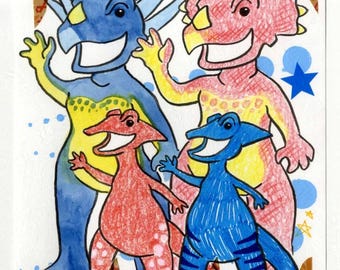 Dinosaur Family, Pee-Wee's Playhouse, Original Mixed Media Artwork