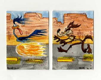 May include: Two watercolor illustrations featuring a blue roadrunner with a long red tongue leaving a yellow motion blur trail on the left, and a brown coyote running on the right, both set against a desert landscape with orange mesas.