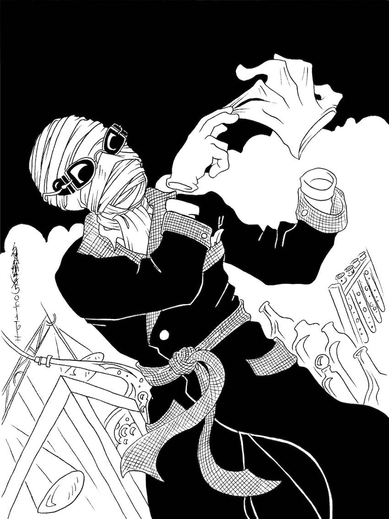 May include: A black and white illustration of a person wearing a bandage wrapped head and goggles, holding a piece of fabric in their hand. The person is wearing a long-sleeved shirt with a belt and pants.