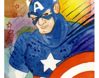Captain America, Avengers, Marvel Superhero, Original Watercolor Painting