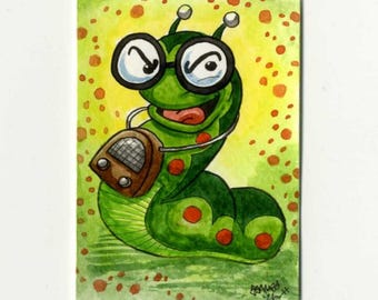 May include: A watercolor illustration of a green caterpillar with red spots, wearing large black-rimmed glasses and carrying a brown vintage radio. The background is a yellow-green gradient filled with scattered orange circular dots.
