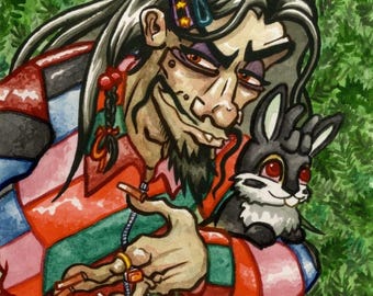 Makeshift Man and Elvis the Jackalope, Original Watercolor Painting