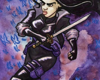 May include: A watercolor illustration of a character with long black hair wearing a black outfit with purple accents, holding a silver sword. The background is a deep purple wash filled with small blue butterfly shapes and the text 31 JULY 26.