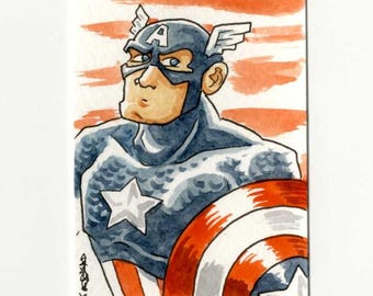 May include: A watercolor illustration of Captain America featuring a blue mask with a white A, a blue suit with a white star on the chest, and a red, white, and blue circular shield. The background consists of horizontal orange and white stripes.