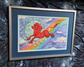 Cadmium Red Unicorn in Moonlight, Framed Original Watercolor Painting
