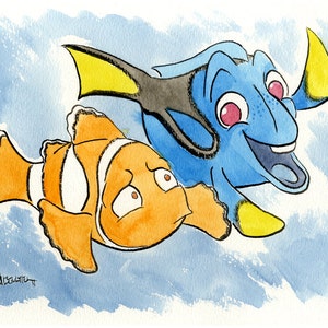 Finding Nemo, Marlin and Dory, Original Ink and Watercolor Painting