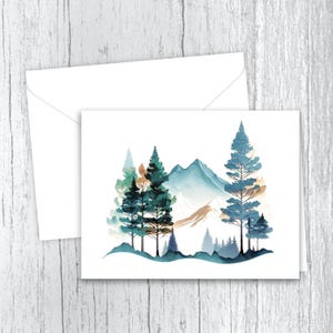 May include: Watercolor painting of a mountain landscape with three pine trees in the foreground. The mountains are painted in shades of blue and the trees are painted in shades of green and brown.