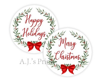 Laurel and Berries • Christmas Wreath Gift Labels • Glossy Stickers • Printed Labels • Peel and Stick • Round Christmas Stickers