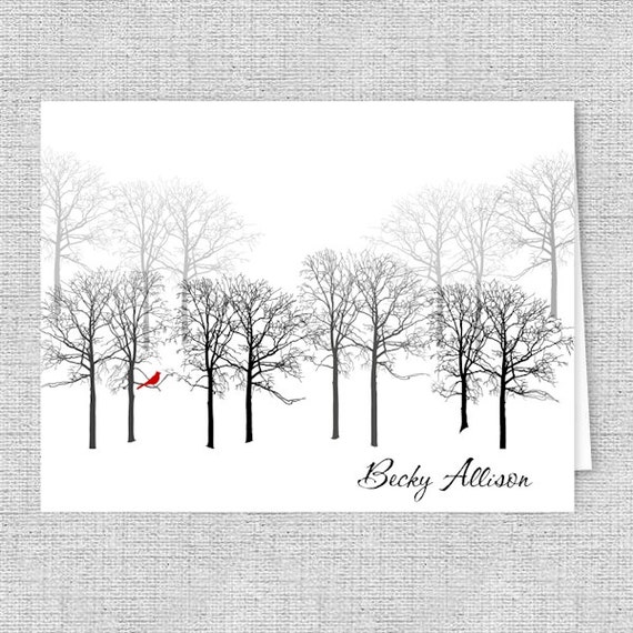 Winter Trees Folded Note Cards Set of 10 Font Choice Personalized Gift Personalized Note Cards Stationery Red Bird in the Forest