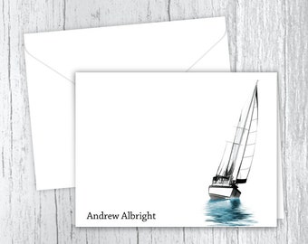 Personalized Note Cards, Sailboat on the Water Stationery, Set of 10 Folded Cards, Printed Nautical Notes, Personalized Gift