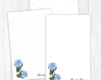 Personalized Blue Hydrangea Stationery Set - Floral Half Page Letter Paper