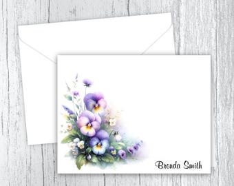 Purple Pansies Personalized Note Card Set, Floral Stationery, Set of 10 w/envelopes