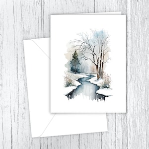 May include: Watercolor painting of a winter scene with a winding river flowing through a snowy forest. The trees are bare and the river is a light blue color. The painting is done in a soft, muted palette.